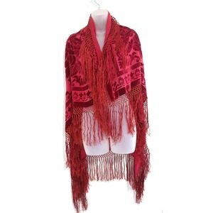 Silk Burnout Velvet Red Roses Piano Shawl Long Fringe‎ Scarf Wrap Semi Sheer
